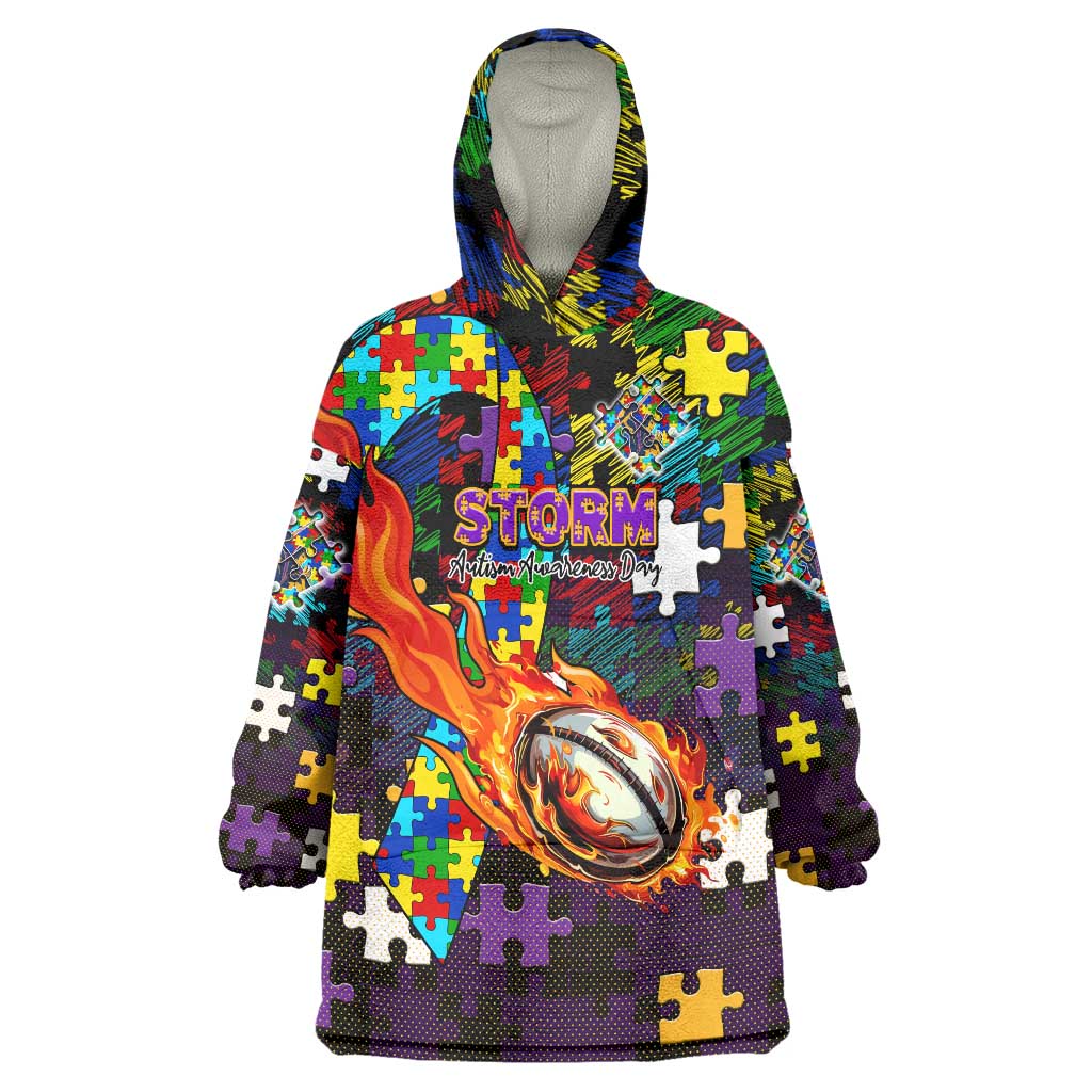 Storm Autism Awareness Wearable Blanket Hoodie Puzzle Flames Rugby Ball