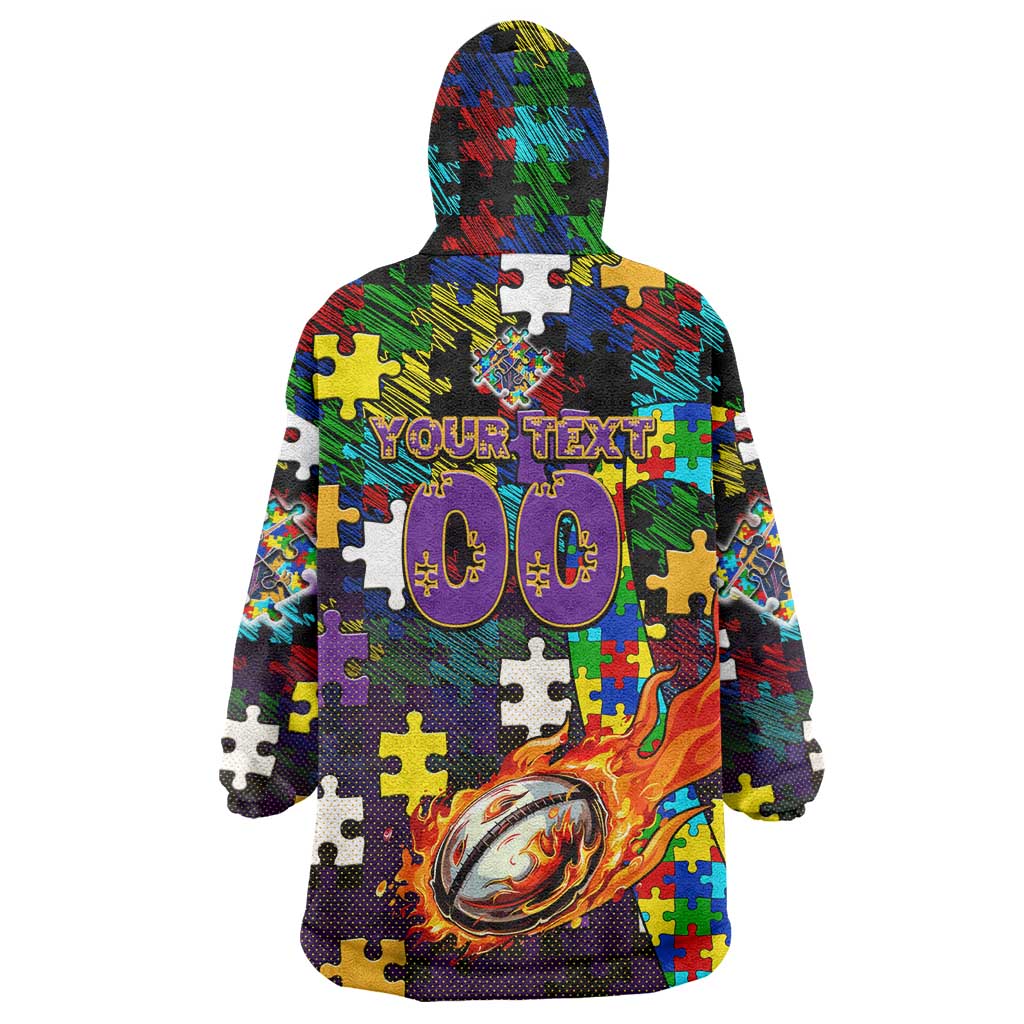 Storm Autism Awareness Wearable Blanket Hoodie Puzzle Flames Rugby Ball