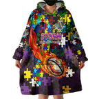 Storm Autism Awareness Wearable Blanket Hoodie Puzzle Flames Rugby Ball