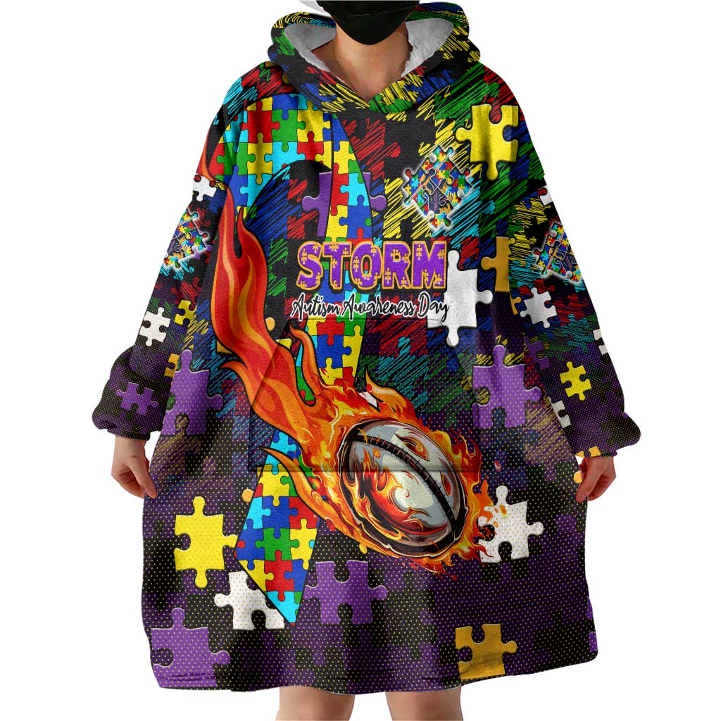 Storm Autism Awareness Wearable Blanket Hoodie Puzzle Flames Rugby Ball