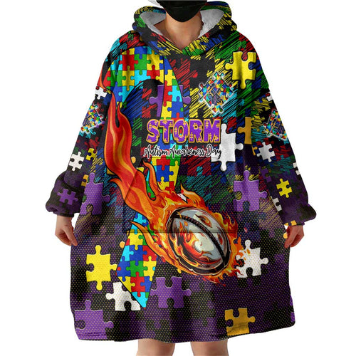 Storm Autism Awareness Wearable Blanket Hoodie Puzzle Flames Rugby Ball