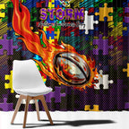 Storm Autism Awareness Window Curtain Puzzle Flames Rugby Ball