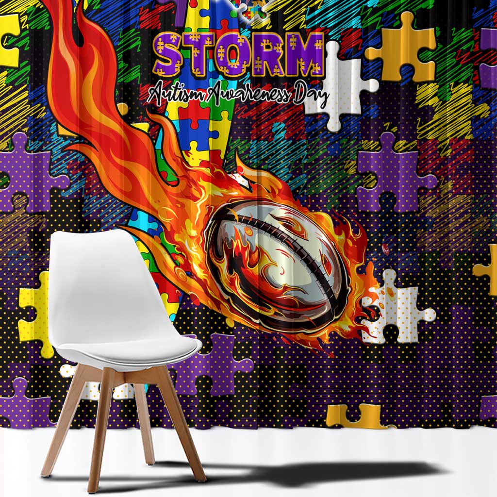 Storm Autism Awareness Window Curtain Puzzle Flames Rugby Ball