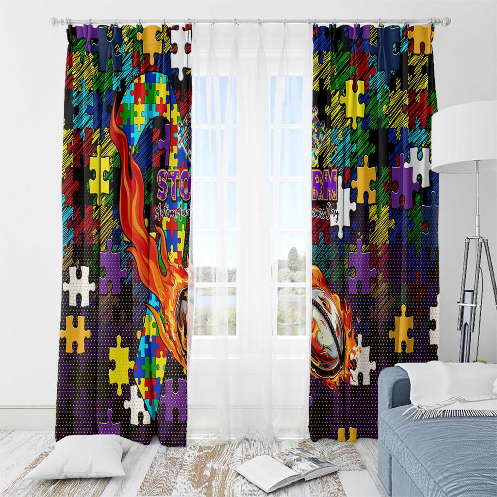 Storm Autism Awareness Window Curtain Puzzle Flames Rugby Ball