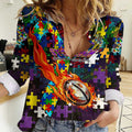 Storm Autism Awareness Women Casual Shirt Puzzle Flames Rugby Ball
