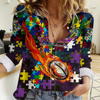 Storm Autism Awareness Women Casual Shirt Puzzle Flames Rugby Ball