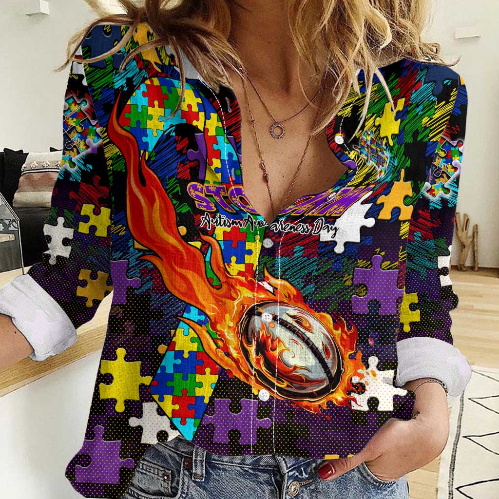 Storm Autism Awareness Women Casual Shirt Puzzle Flames Rugby Ball