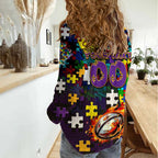 Storm Autism Awareness Women Casual Shirt Puzzle Flames Rugby Ball
