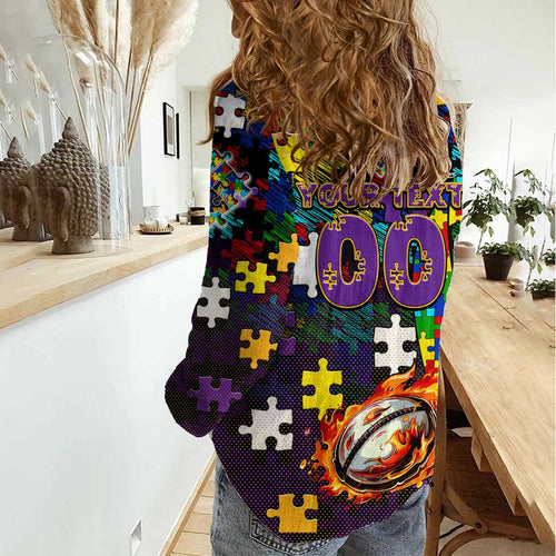 Storm Autism Awareness Women Casual Shirt Puzzle Flames Rugby Ball