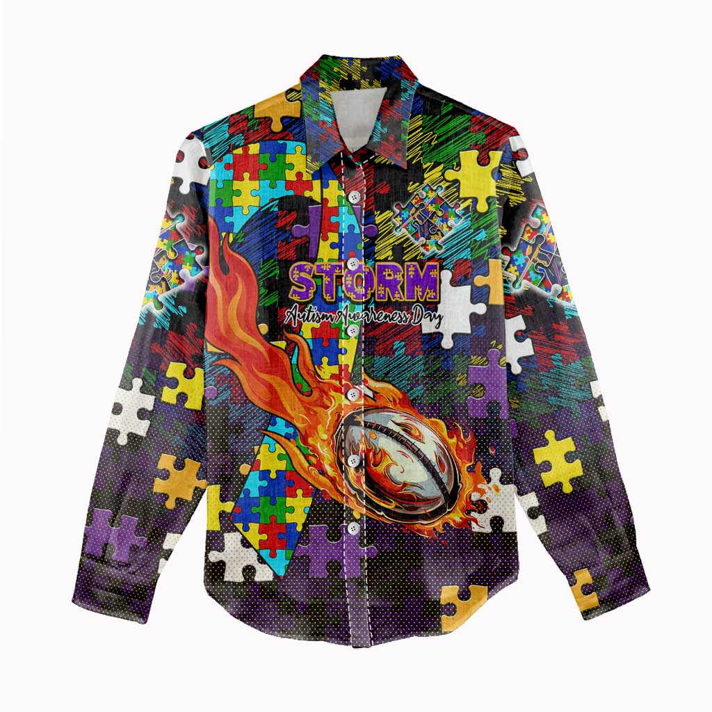 Storm Autism Awareness Women Casual Shirt Puzzle Flames Rugby Ball