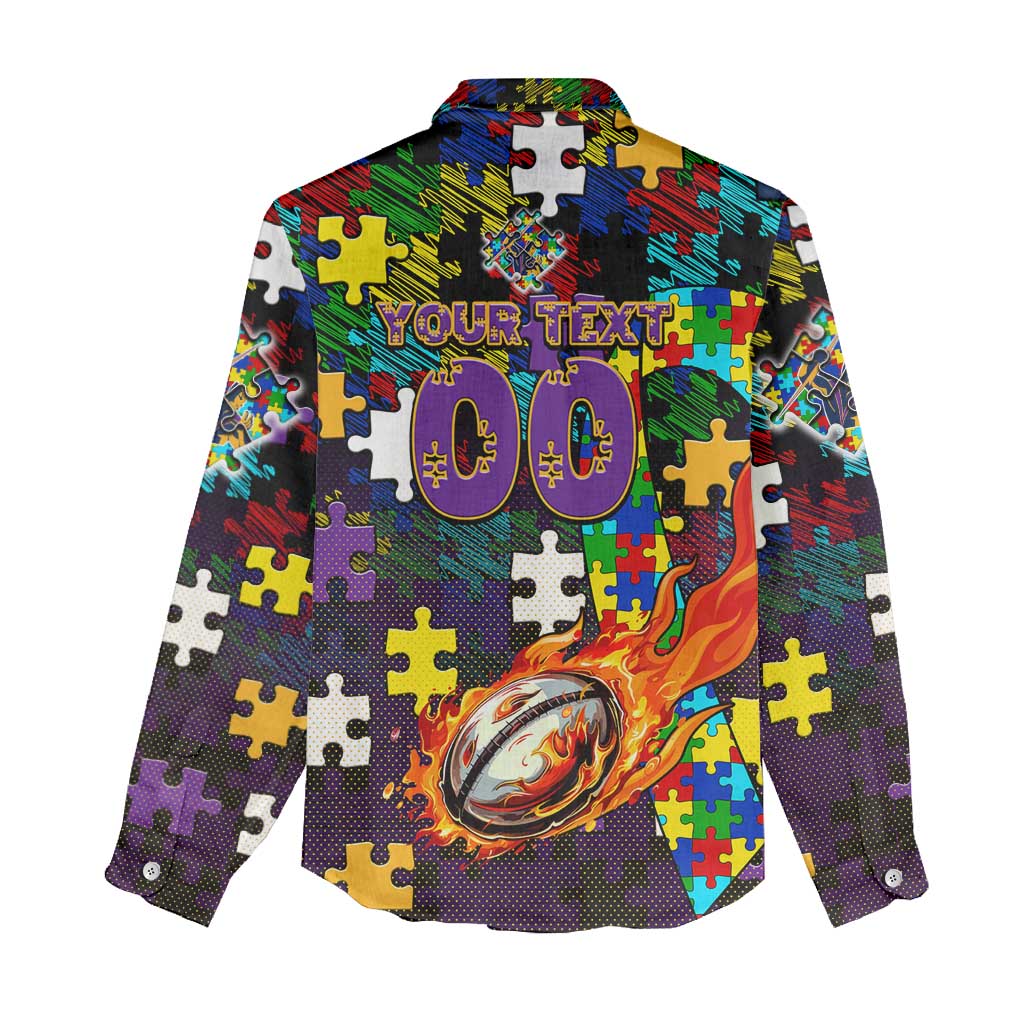 Storm Autism Awareness Women Casual Shirt Puzzle Flames Rugby Ball