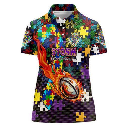 Storm Autism Awareness Women Polo Shirt Puzzle Flames Rugby Ball