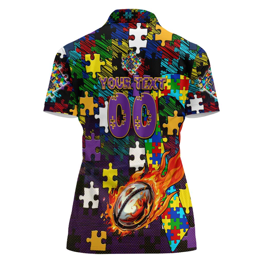 Storm Autism Awareness Women Polo Shirt Puzzle Flames Rugby Ball