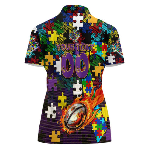 Storm Autism Awareness Women Polo Shirt Puzzle Flames Rugby Ball