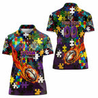 Storm Autism Awareness Women Polo Shirt Puzzle Flames Rugby Ball