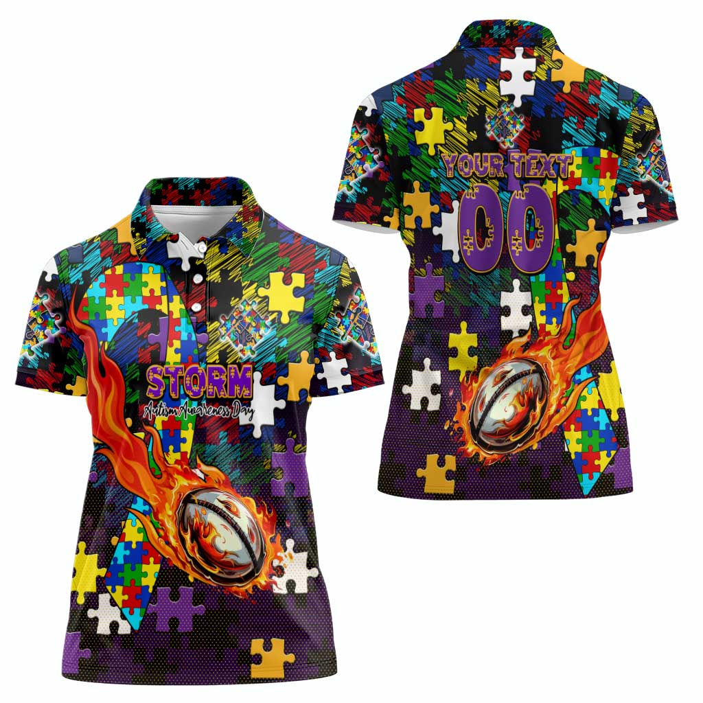 Storm Autism Awareness Women Polo Shirt Puzzle Flames Rugby Ball