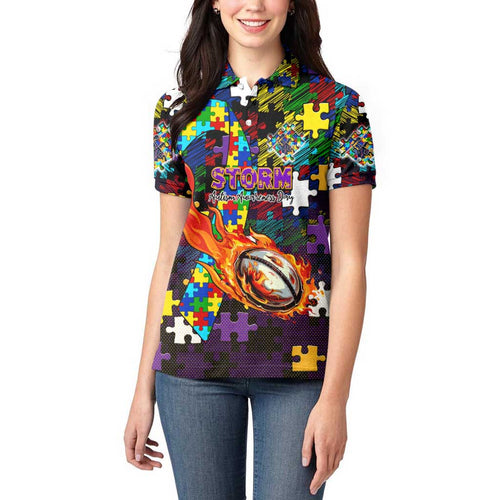 Storm Autism Awareness Women Polo Shirt Puzzle Flames Rugby Ball