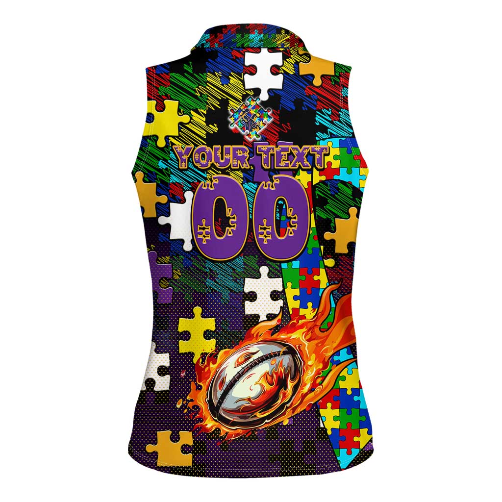 Storm Autism Awareness Women Sleeveless Polo Shirt Puzzle Flames Rugby Ball