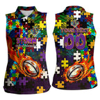 Storm Autism Awareness Women Sleeveless Polo Shirt Puzzle Flames Rugby Ball