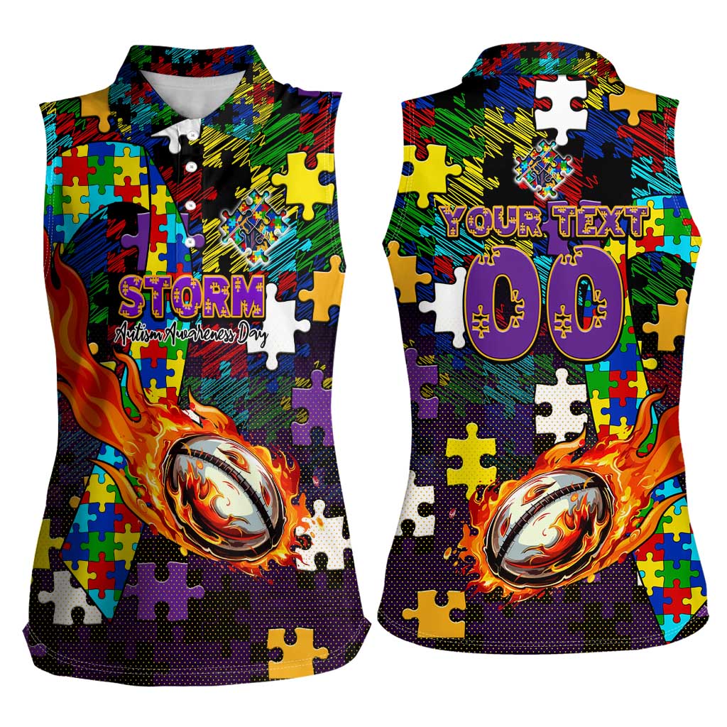 Storm Autism Awareness Women Sleeveless Polo Shirt Puzzle Flames Rugby Ball