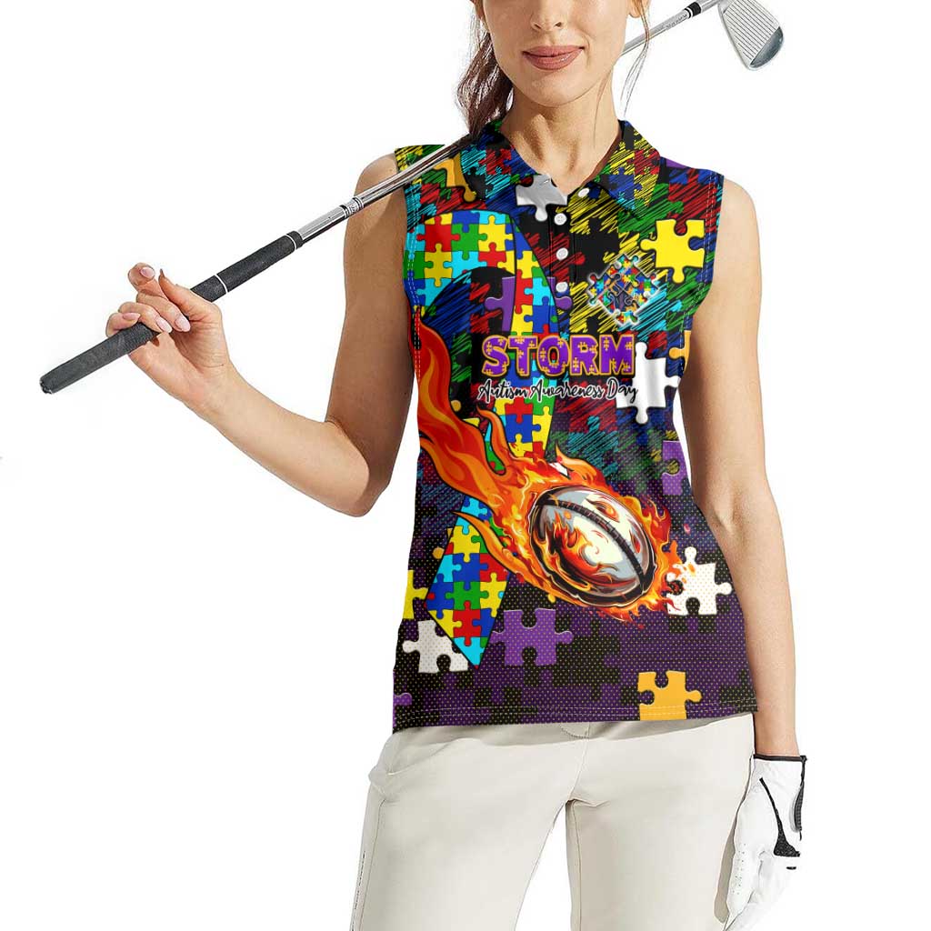 Storm Autism Awareness Women Sleeveless Polo Shirt Puzzle Flames Rugby Ball