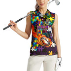 Storm Autism Awareness Women Sleeveless Polo Shirt Puzzle Flames Rugby Ball
