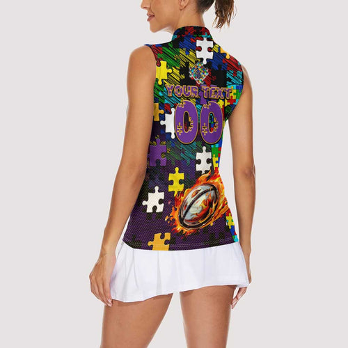 Storm Autism Awareness Women Sleeveless Polo Shirt Puzzle Flames Rugby Ball