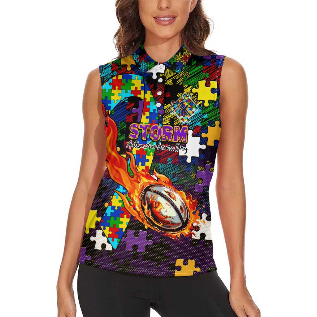 Storm Autism Awareness Women Sleeveless Polo Shirt Puzzle Flames Rugby Ball