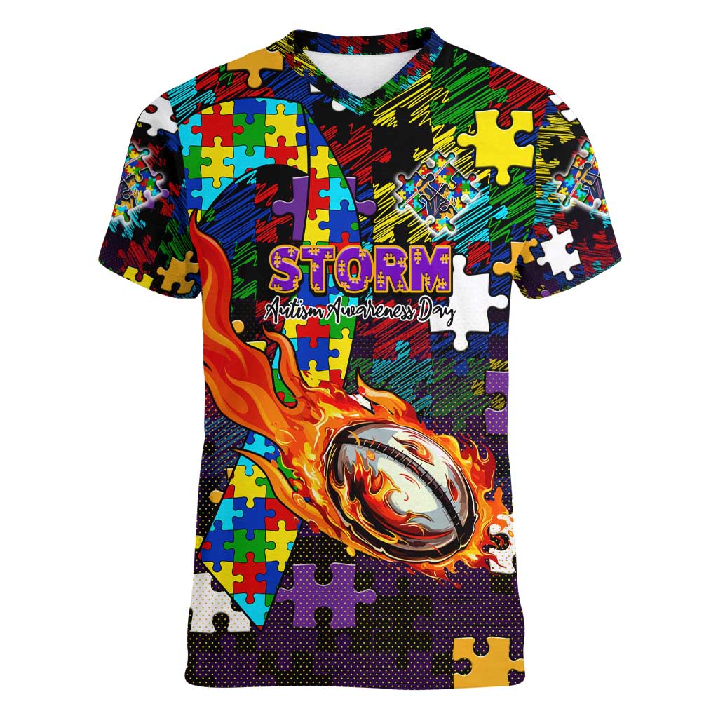 Storm Autism Awareness Women V-Neck T-Shirt Puzzle Flames Rugby Ball