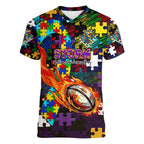 Storm Autism Awareness Women V-Neck T-Shirt Puzzle Flames Rugby Ball