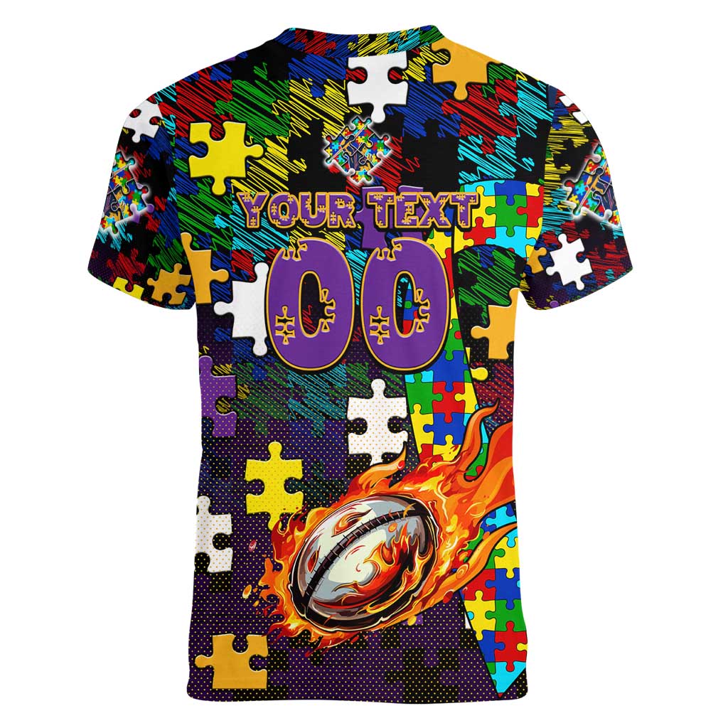Storm Autism Awareness Women V-Neck T-Shirt Puzzle Flames Rugby Ball
