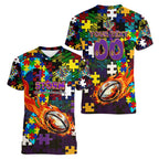 Storm Autism Awareness Women V-Neck T-Shirt Puzzle Flames Rugby Ball
