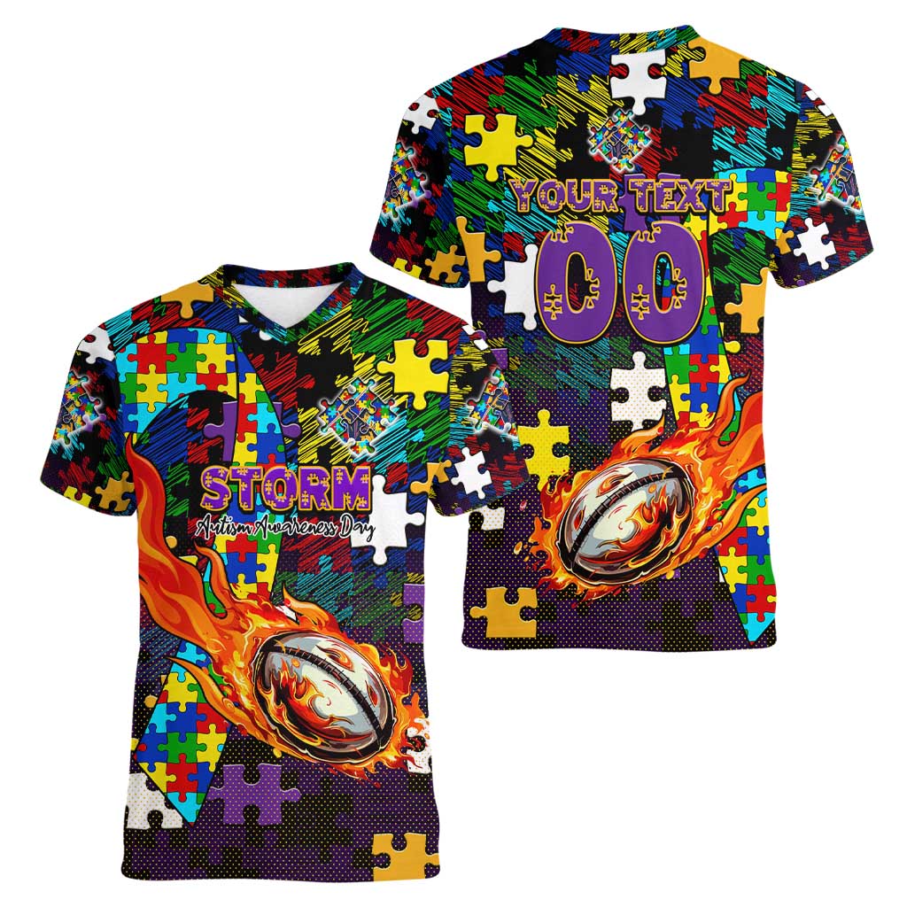 Storm Autism Awareness Women V-Neck T-Shirt Puzzle Flames Rugby Ball