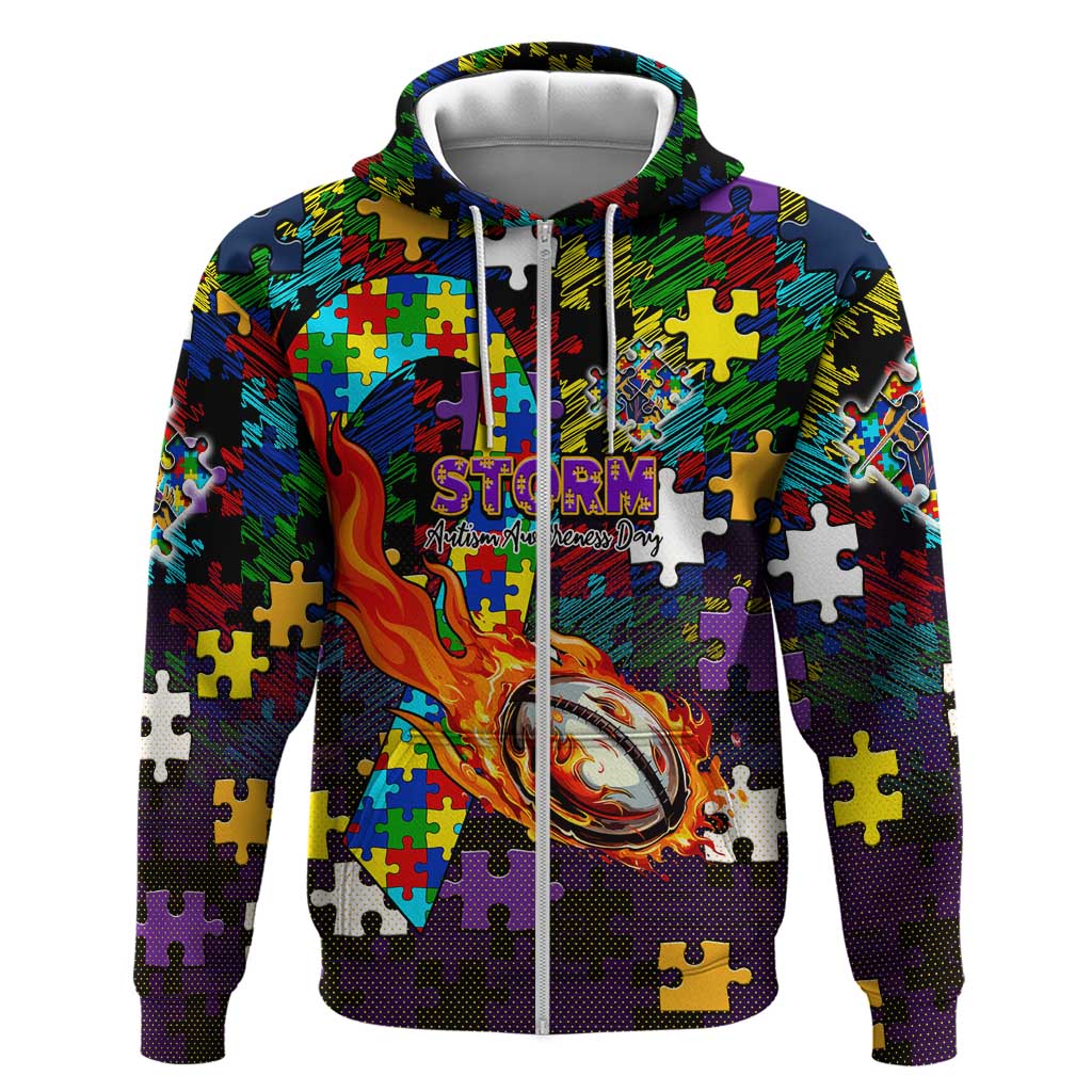 Storm Autism Awareness Zip Hoodie Puzzle Flames Rugby Ball