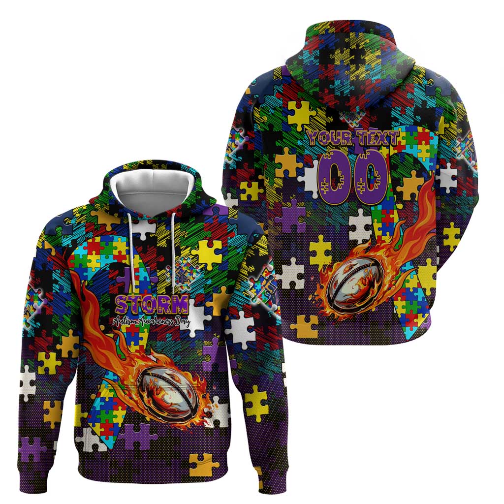 Storm Autism Awareness Zip Hoodie Puzzle Flames Rugby Ball