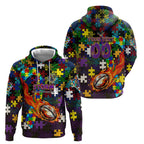 Storm Autism Awareness Zip Hoodie Puzzle Flames Rugby Ball