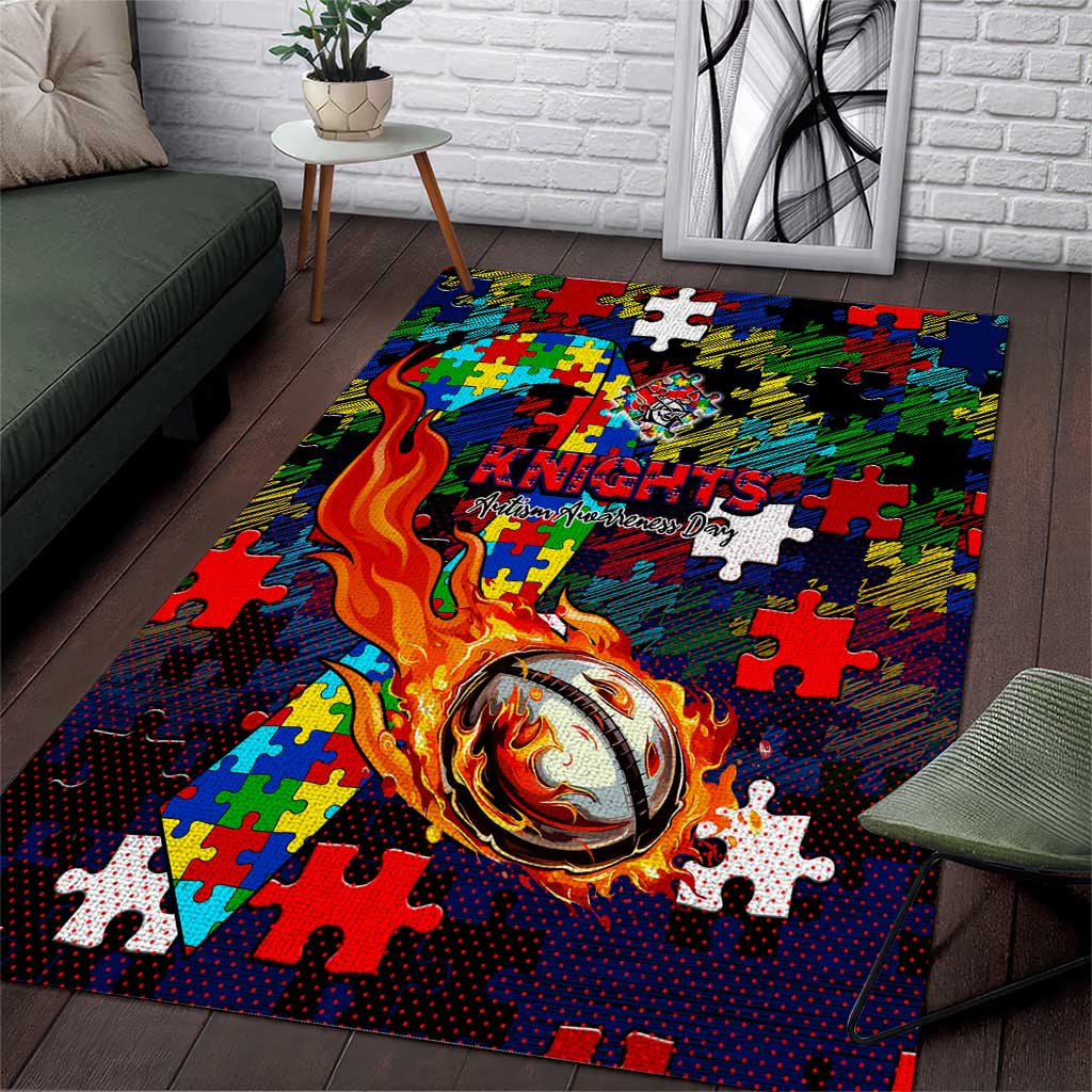 Knights Autism Awareness Area Rug Puzzle Flames Rugby Ball