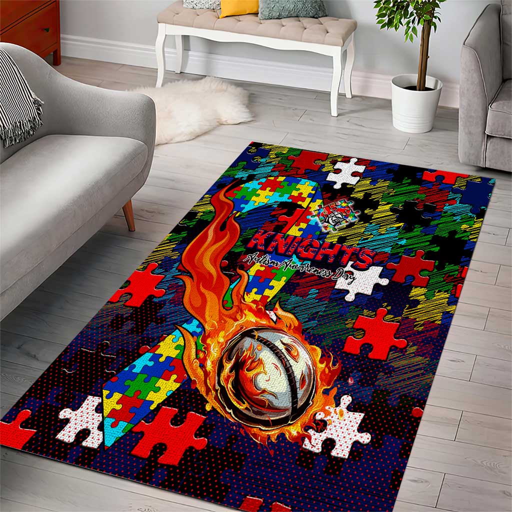 Knights Autism Awareness Area Rug Puzzle Flames Rugby Ball
