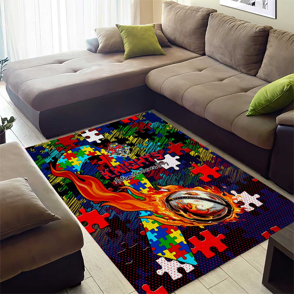 Knights Autism Awareness Area Rug Puzzle Flames Rugby Ball