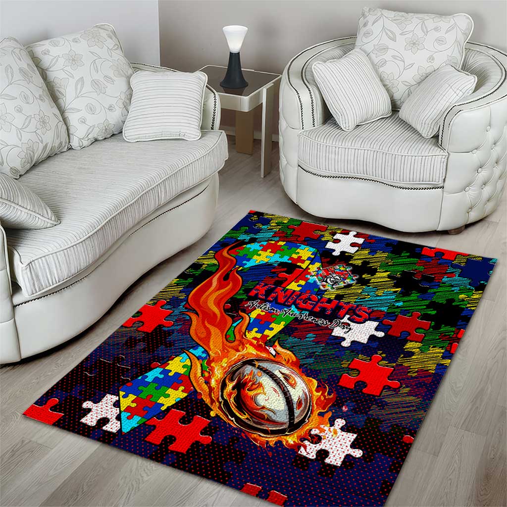 Knights Autism Awareness Area Rug Puzzle Flames Rugby Ball