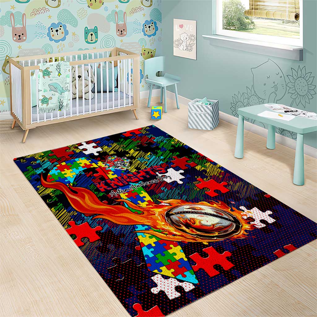 Knights Autism Awareness Area Rug Puzzle Flames Rugby Ball