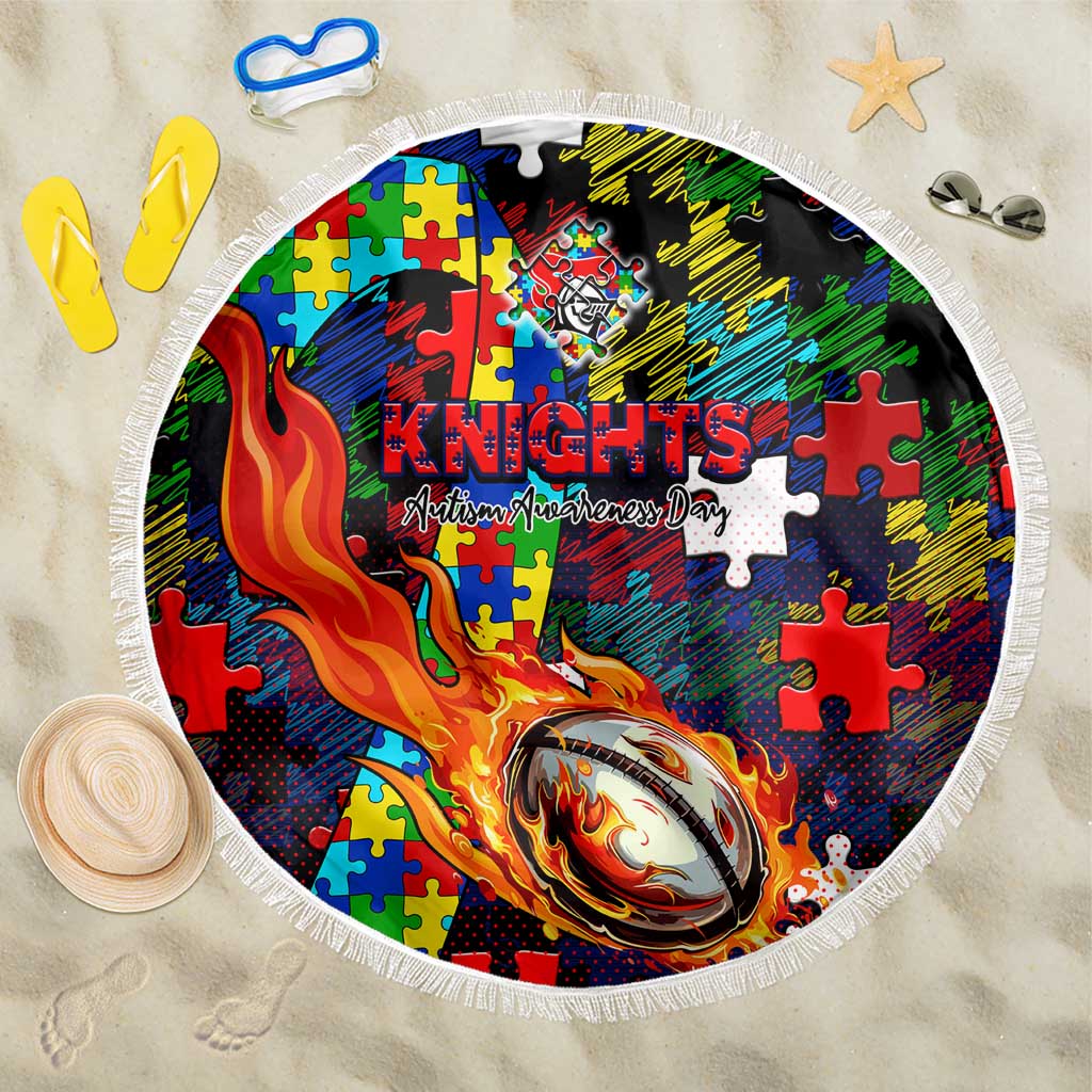 Knights Autism Awareness Beach Blanket Puzzle Flames Rugby Ball