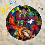 Knights Autism Awareness Beach Blanket Puzzle Flames Rugby Ball