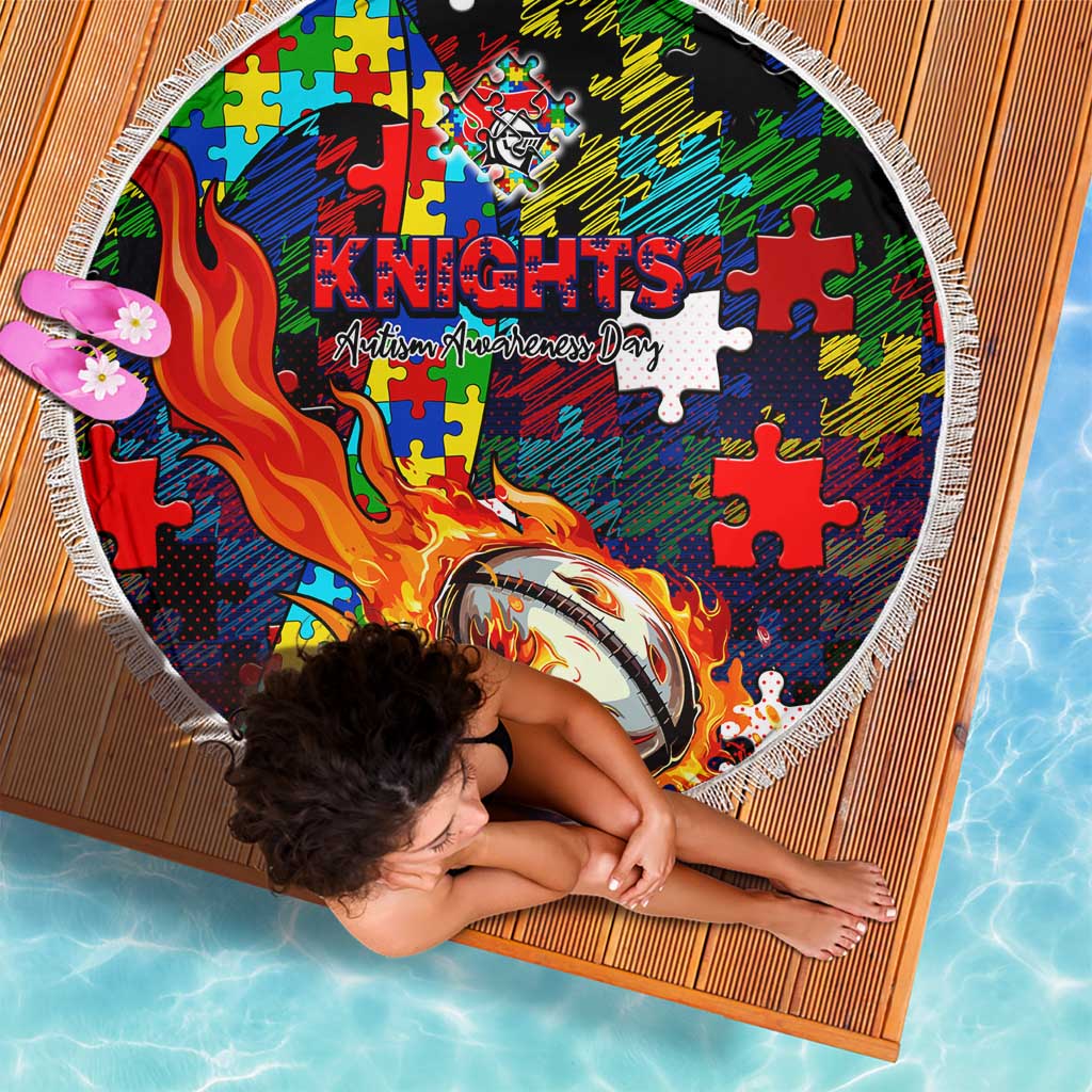 Knights Autism Awareness Beach Blanket Puzzle Flames Rugby Ball
