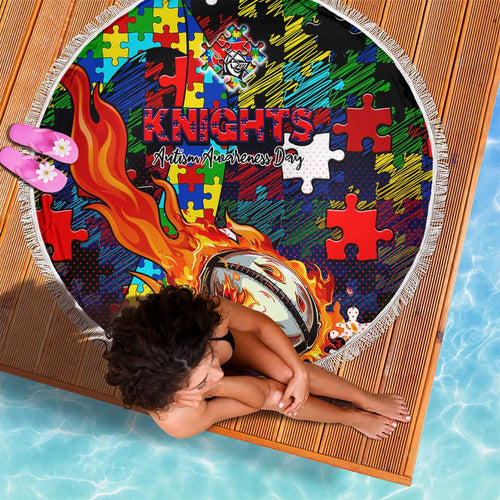 Knights Autism Awareness Beach Blanket Puzzle Flames Rugby Ball