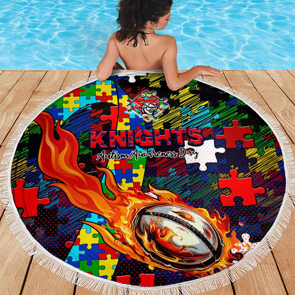 Knights Autism Awareness Beach Blanket Puzzle Flames Rugby Ball