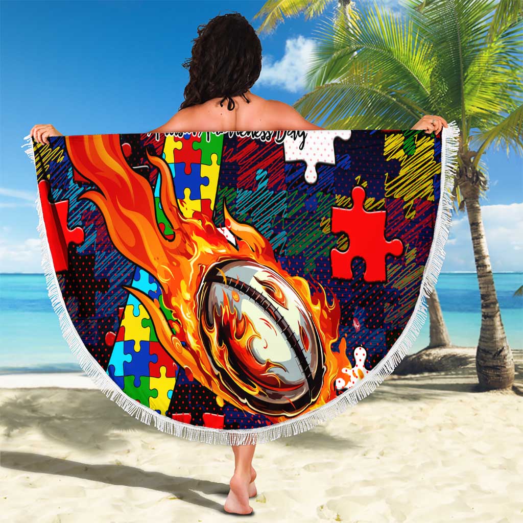 Knights Autism Awareness Beach Blanket Puzzle Flames Rugby Ball