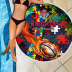 Knights Autism Awareness Beach Blanket Puzzle Flames Rugby Ball