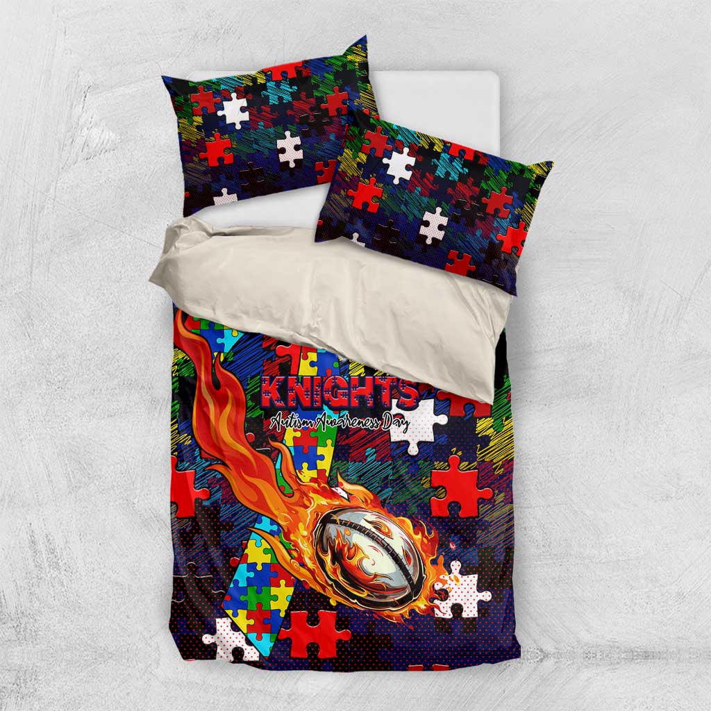 Knights Autism Awareness Bedding Set Puzzle Flames Rugby Ball