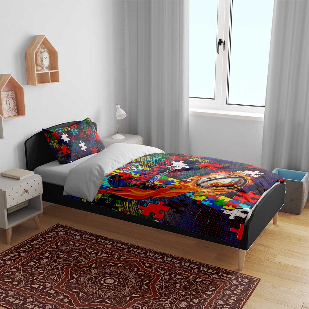 Knights Autism Awareness Bedding Set Puzzle Flames Rugby Ball